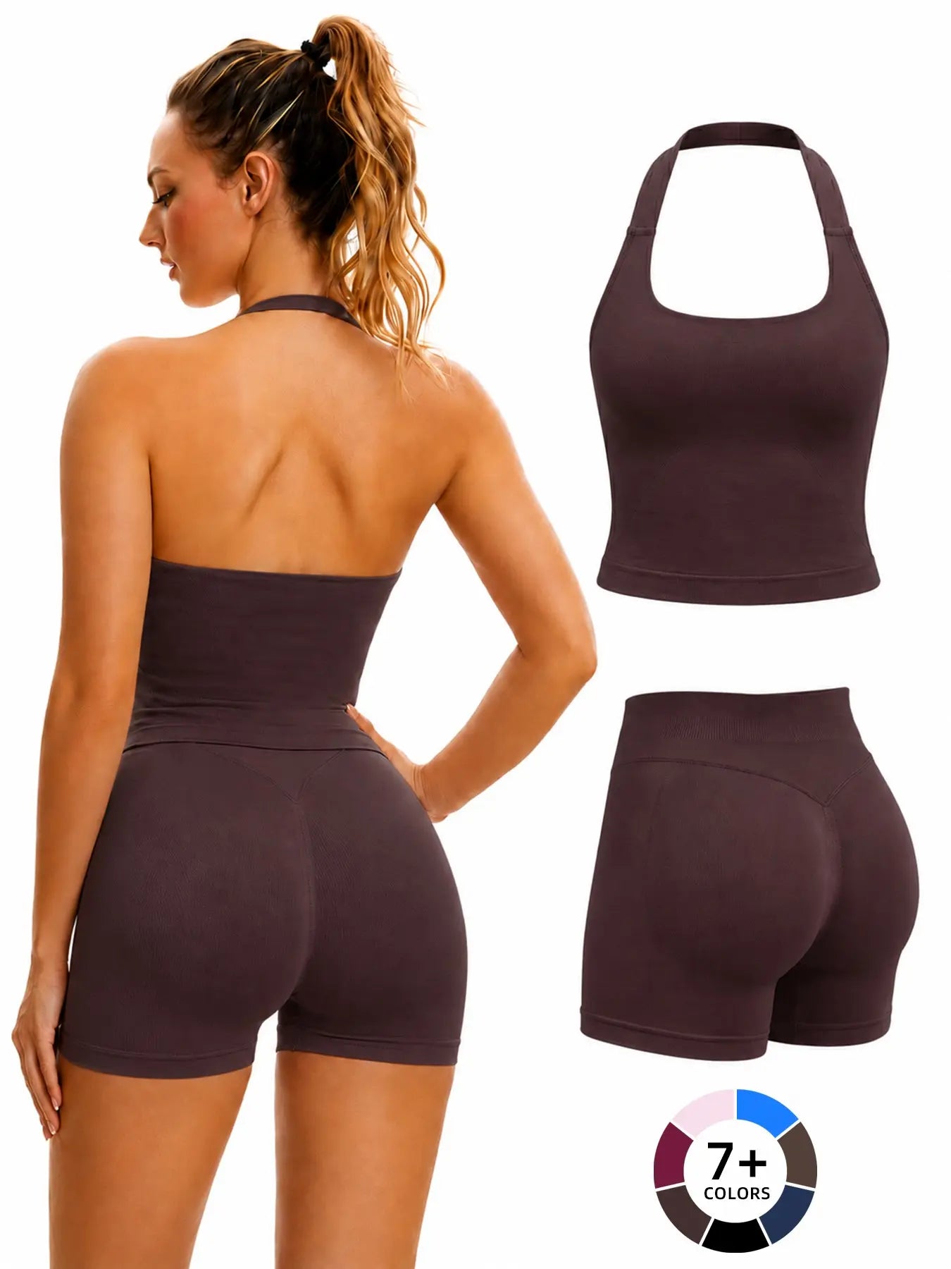 Women'S Yoga 2-Piece Set, Breathable Sporty Halter Top & High-Waisted Seamless Butt-Lift Shorts, Plain Color Athletic Seamless Yoga Outfits