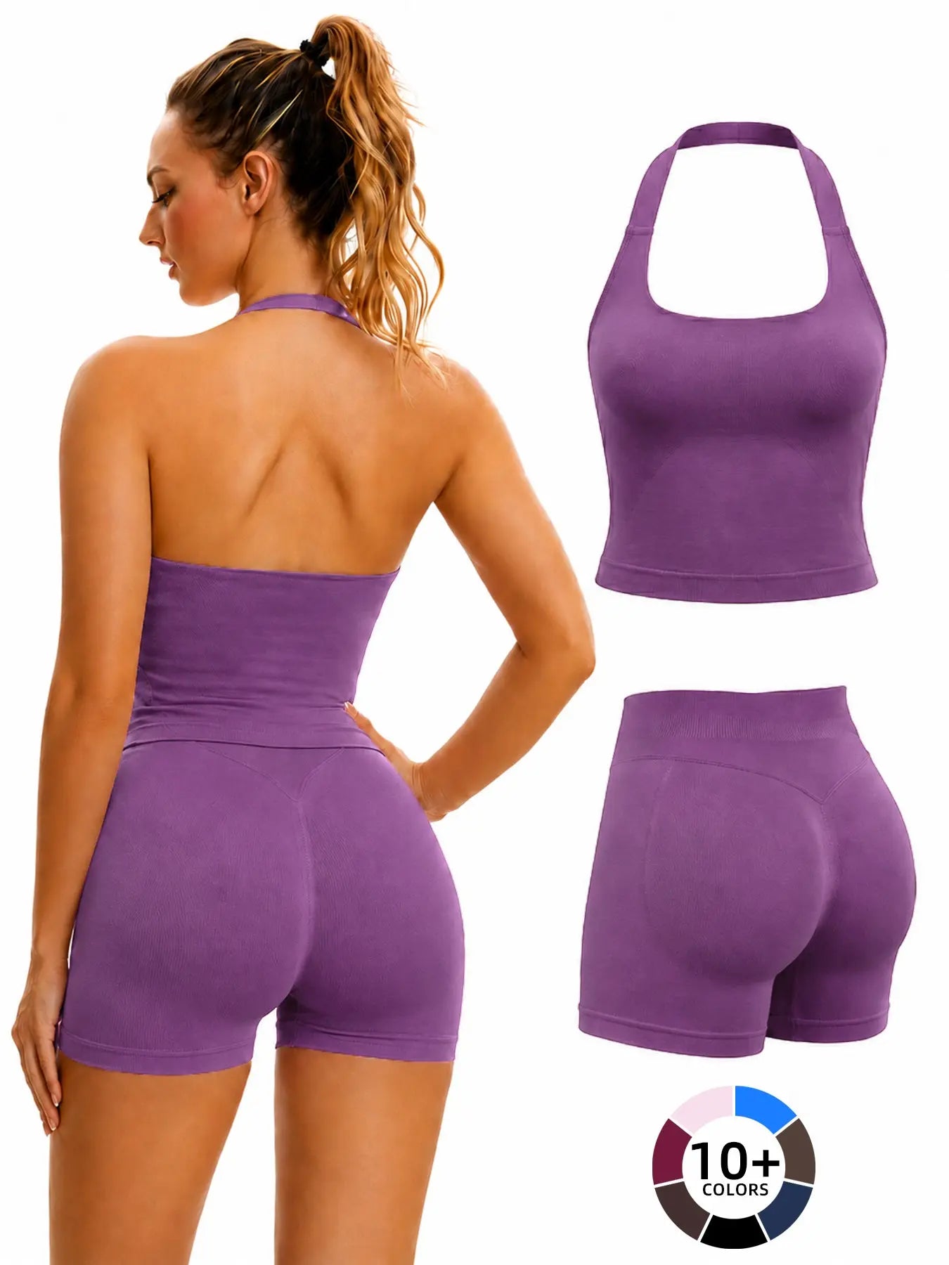 Women'S Yoga 2-Piece Set, Breathable Sporty Halter Top & High-Waisted Seamless Butt-Lift Shorts, Plain Color Athletic Seamless Yoga Outfits