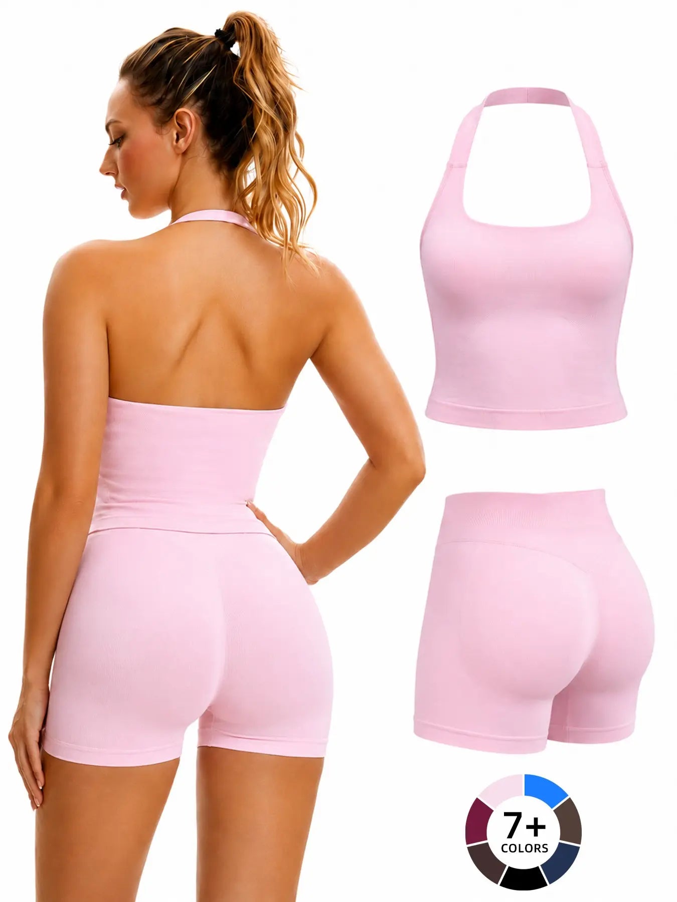 Women'S Yoga 2-Piece Set, Breathable Sporty Halter Top & High-Waisted Seamless Butt-Lift Shorts, Plain Color Athletic Seamless Yoga Outfits