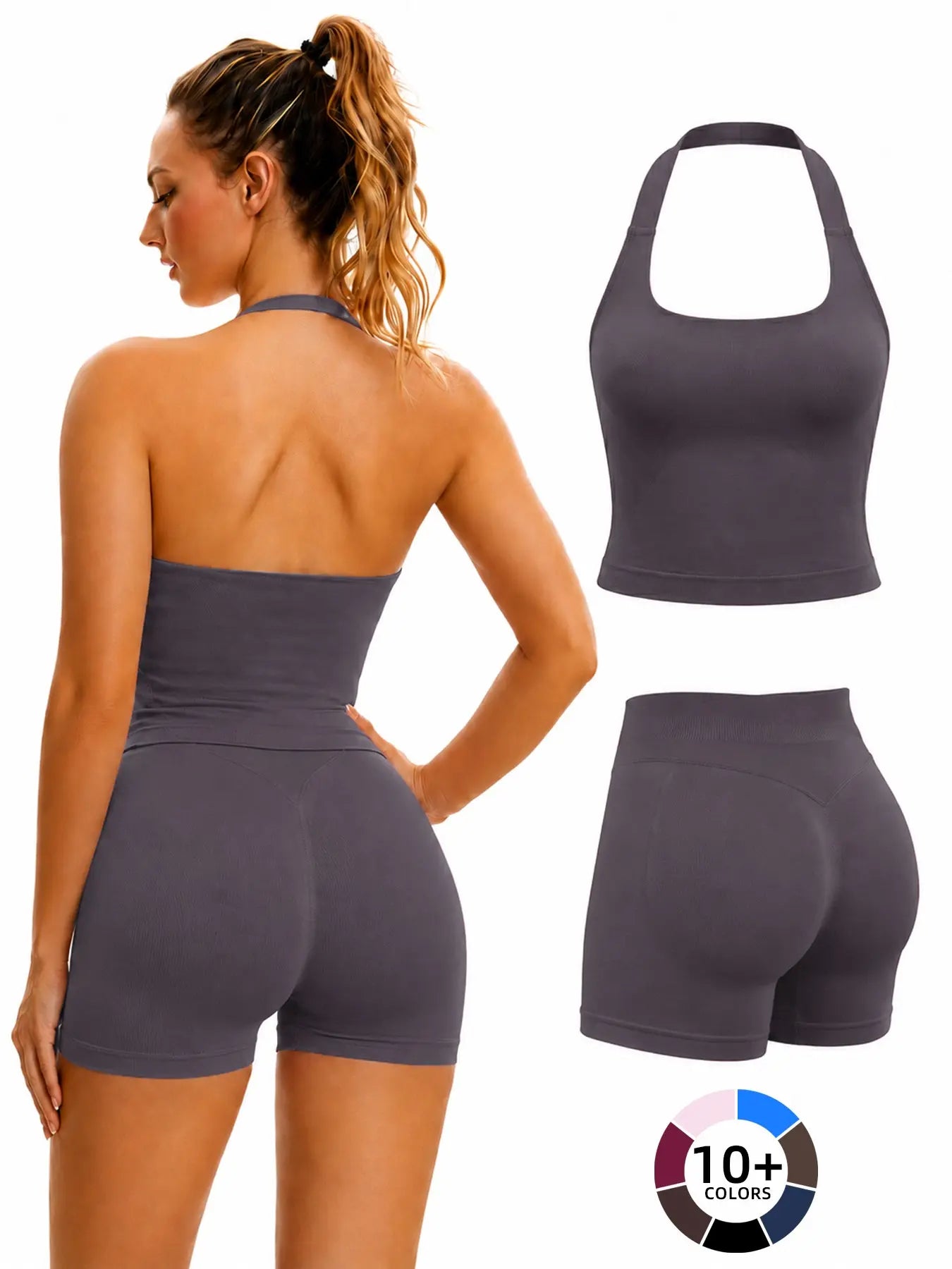 Women'S Yoga 2-Piece Set, Breathable Sporty Halter Top & High-Waisted Seamless Butt-Lift Shorts, Plain Color Athletic Seamless Yoga Outfits