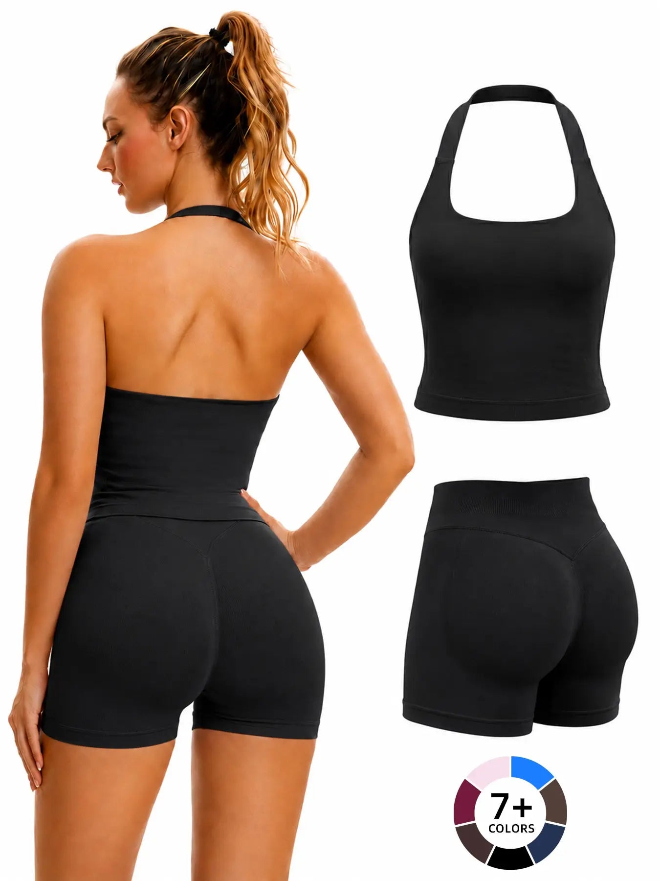 Women'S Yoga 2-Piece Set, Breathable Sporty Halter Top & High-Waisted Seamless Butt-Lift Shorts, Plain Color Athletic Seamless Yoga Outfits