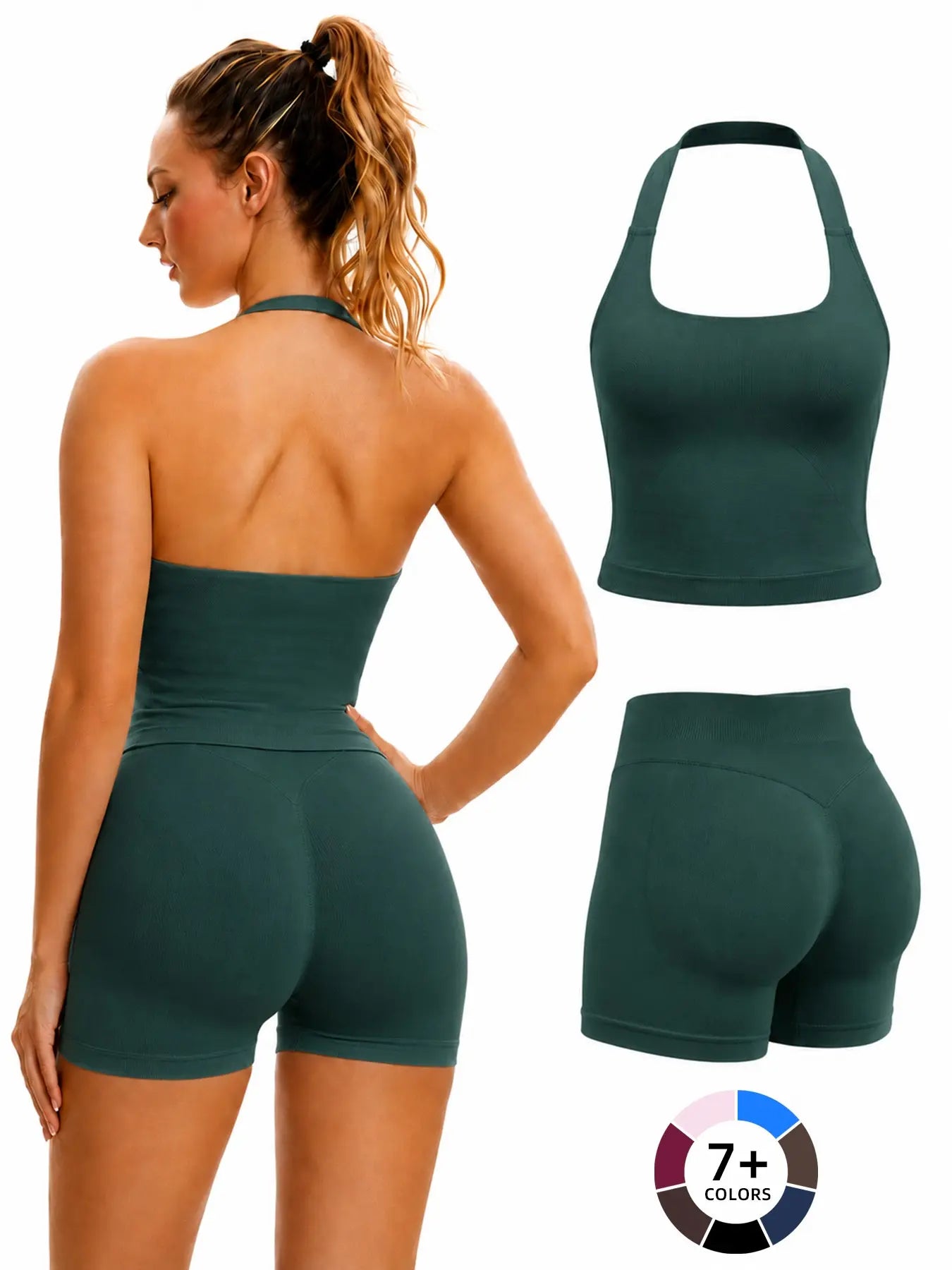 Women'S Yoga 2-Piece Set, Breathable Sporty Halter Top & High-Waisted Seamless Butt-Lift Shorts, Plain Color Athletic Seamless Yoga Outfits
