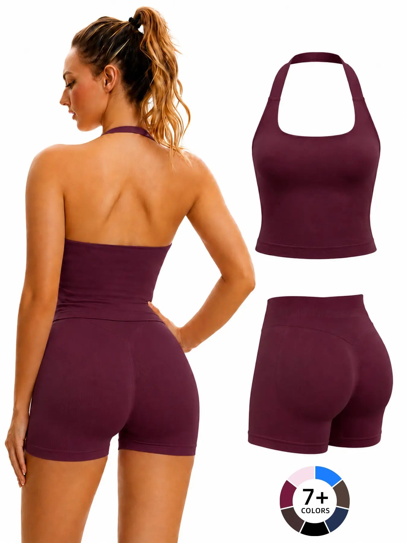 Women'S Yoga 2-Piece Set, Breathable Sporty Halter Top & High-Waisted Seamless Butt-Lift Shorts, Plain Color Athletic Seamless Yoga Outfits